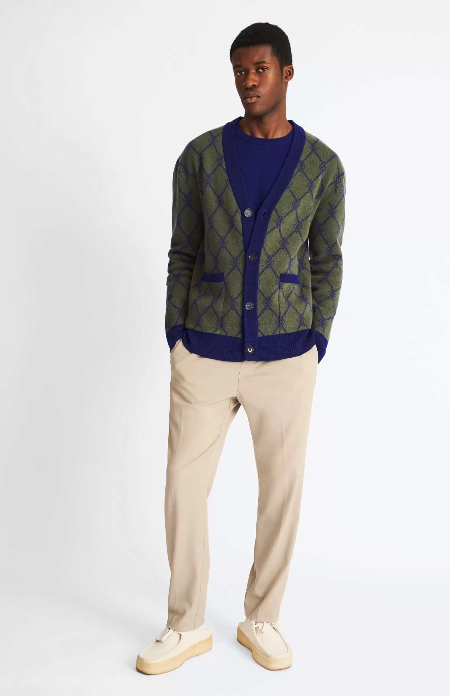 Pringle of Scotland Cashmere Blend Monogram Jacquard Cardigan Jumper In Mineral Green / Royal Blue