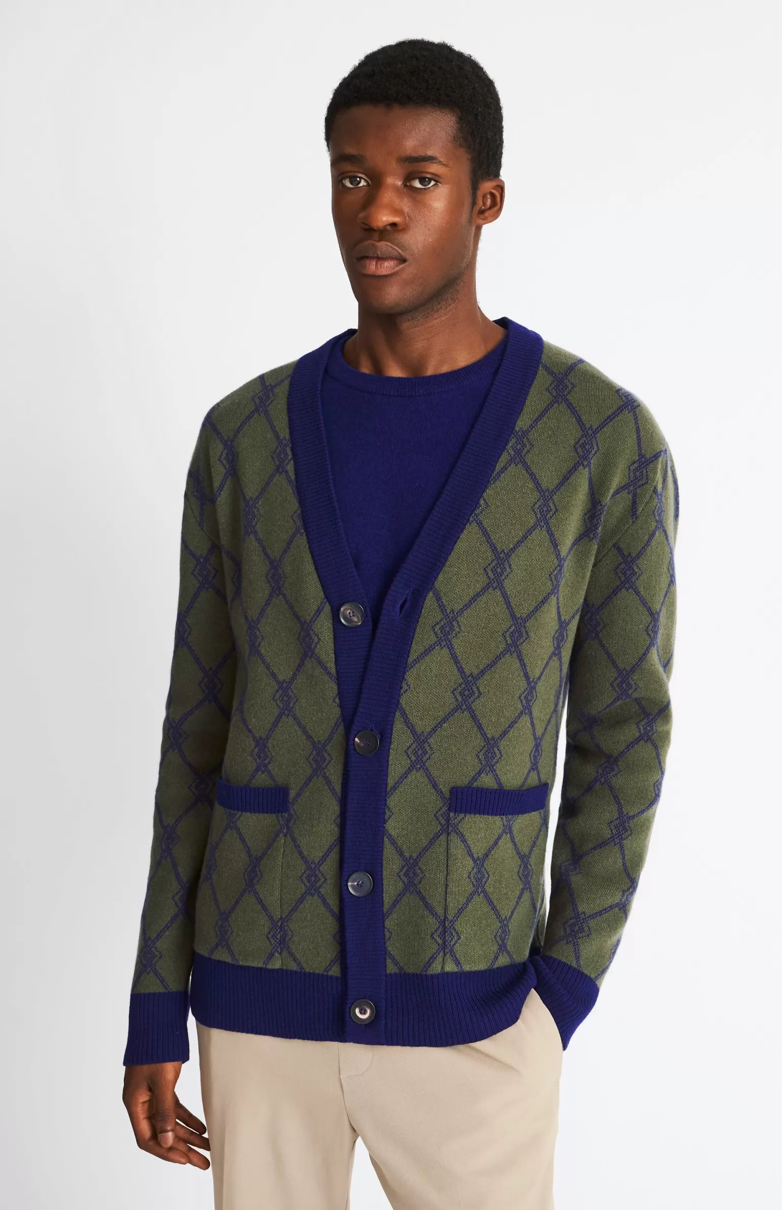 Pringle of Scotland Cashmere Blend Monogram Jacquard Cardigan Jumper In Mineral Green / Royal Blue