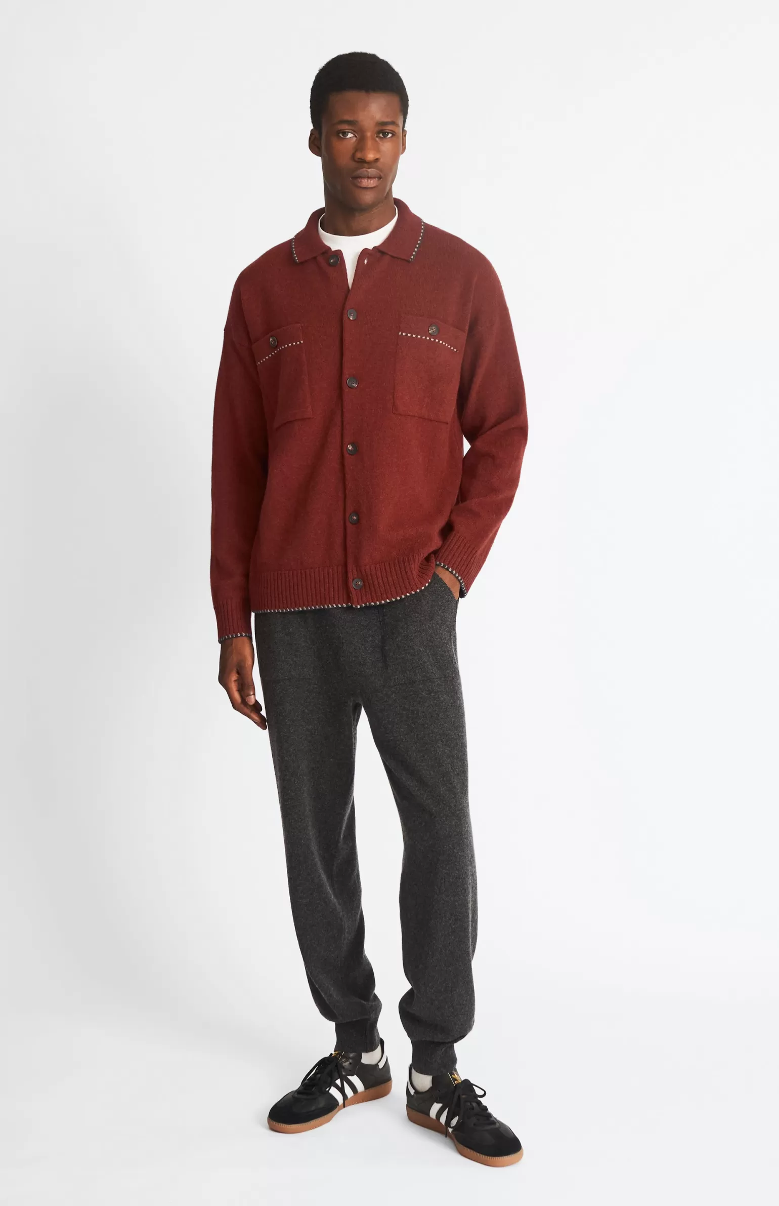 Pringle of Scotland Knitted Lambswool Overshirt With Contrast Edging In In Rust Red/Cobble