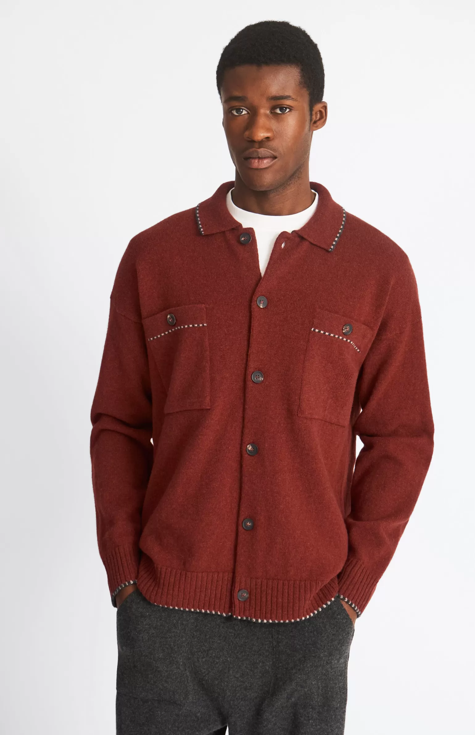 Pringle of Scotland Knitted Lambswool Overshirt With Contrast Edging In In Rust Red/Cobble
