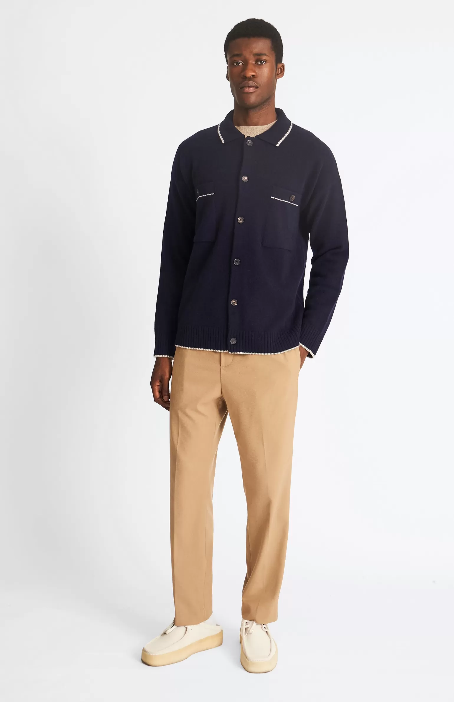 Pringle of Scotland Knitted Lambswool Overshirt With Contrast Edging In Navy / Grey Mix