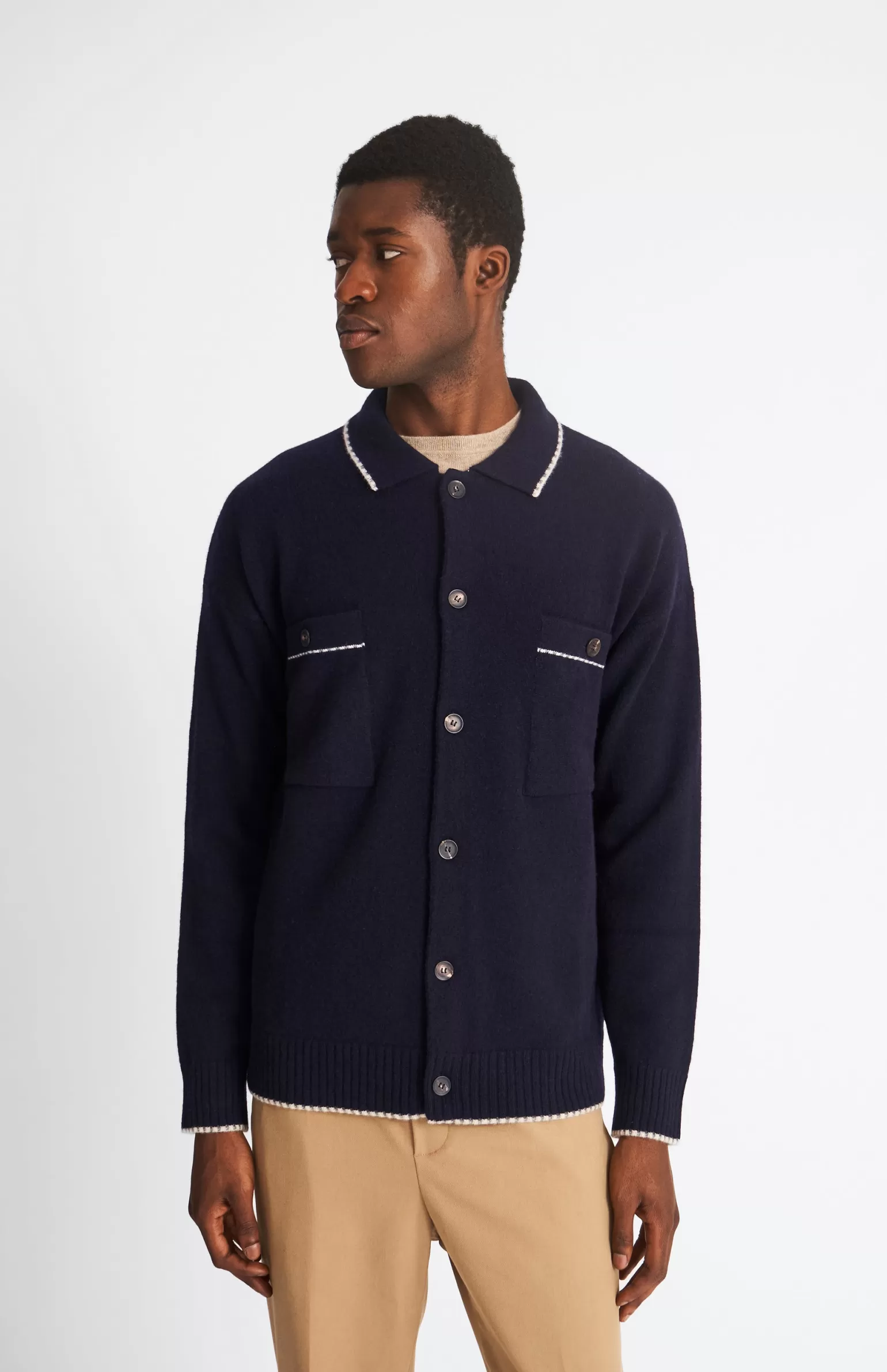 Pringle of Scotland Knitted Lambswool Overshirt With Contrast Edging In Navy / Grey Mix