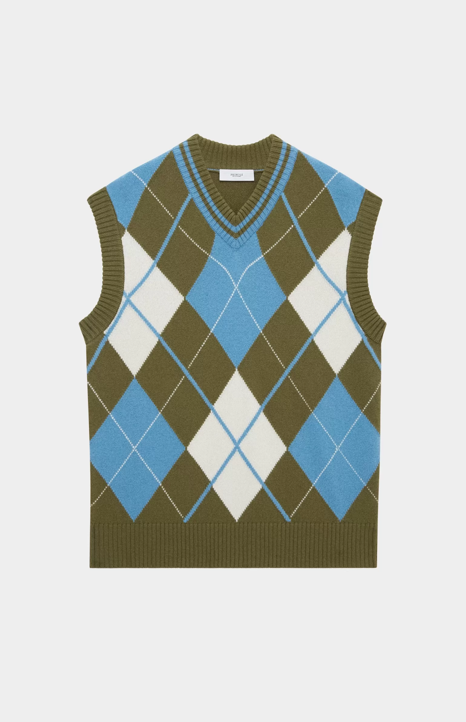 Pringle of Scotland Lambswool Argyle V Neck Vest In Norse Blue / Mineral Green