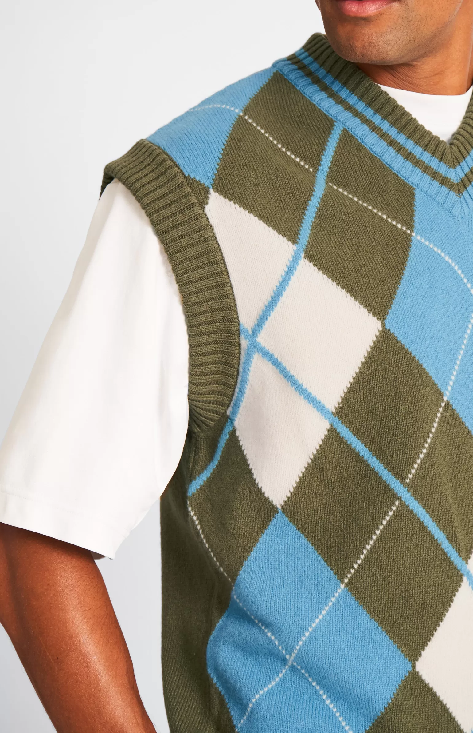 Pringle of Scotland Lambswool Argyle V Neck Vest In Norse Blue / Mineral Green