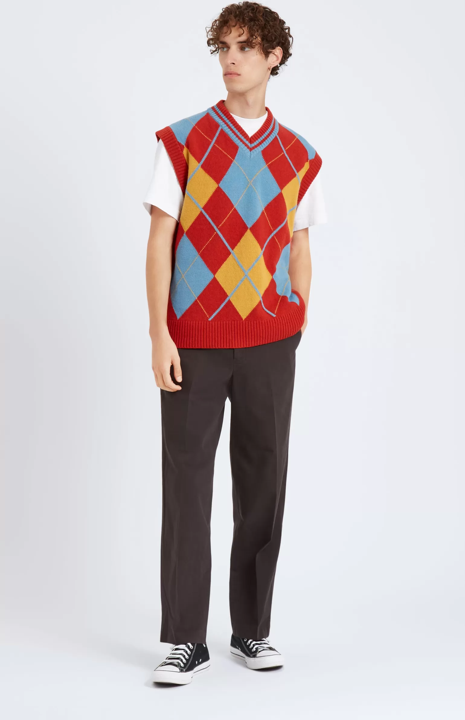 Pringle of Scotland Lambswool Argyle V Neck Vest In Norse Blue / Rust Red