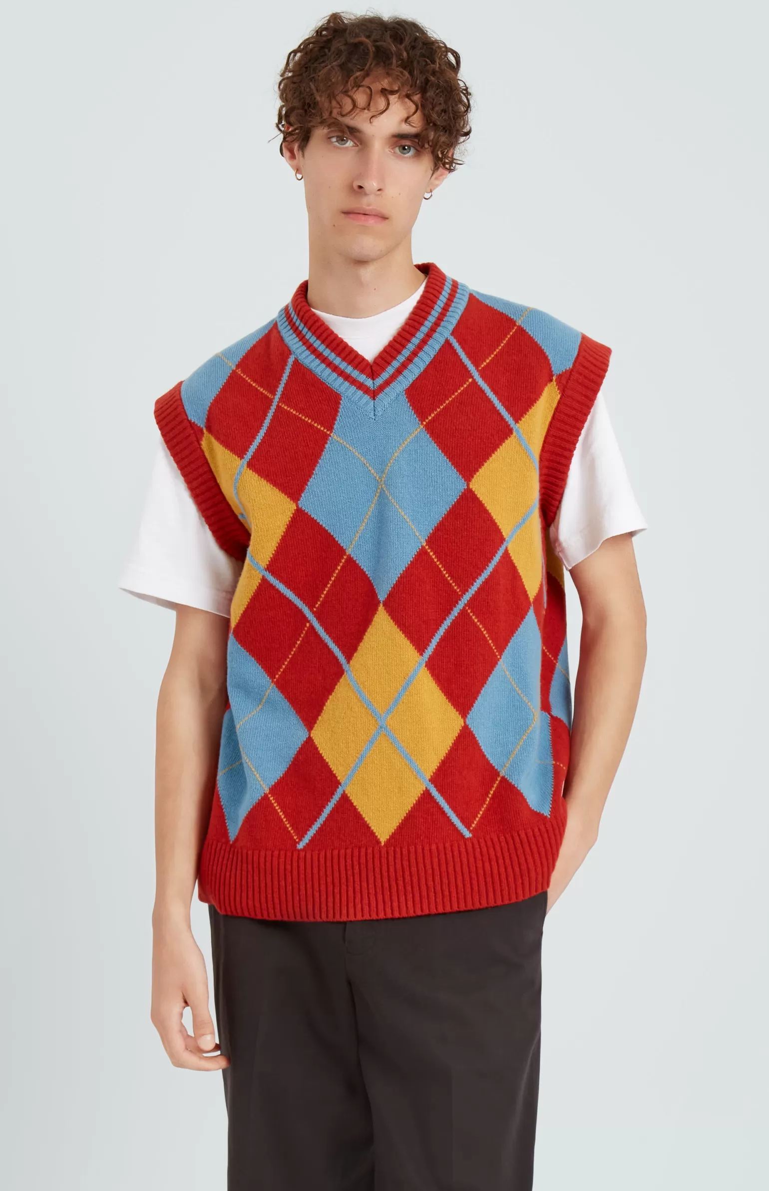 Pringle of Scotland Lambswool Argyle V Neck Vest In Norse Blue / Rust Red