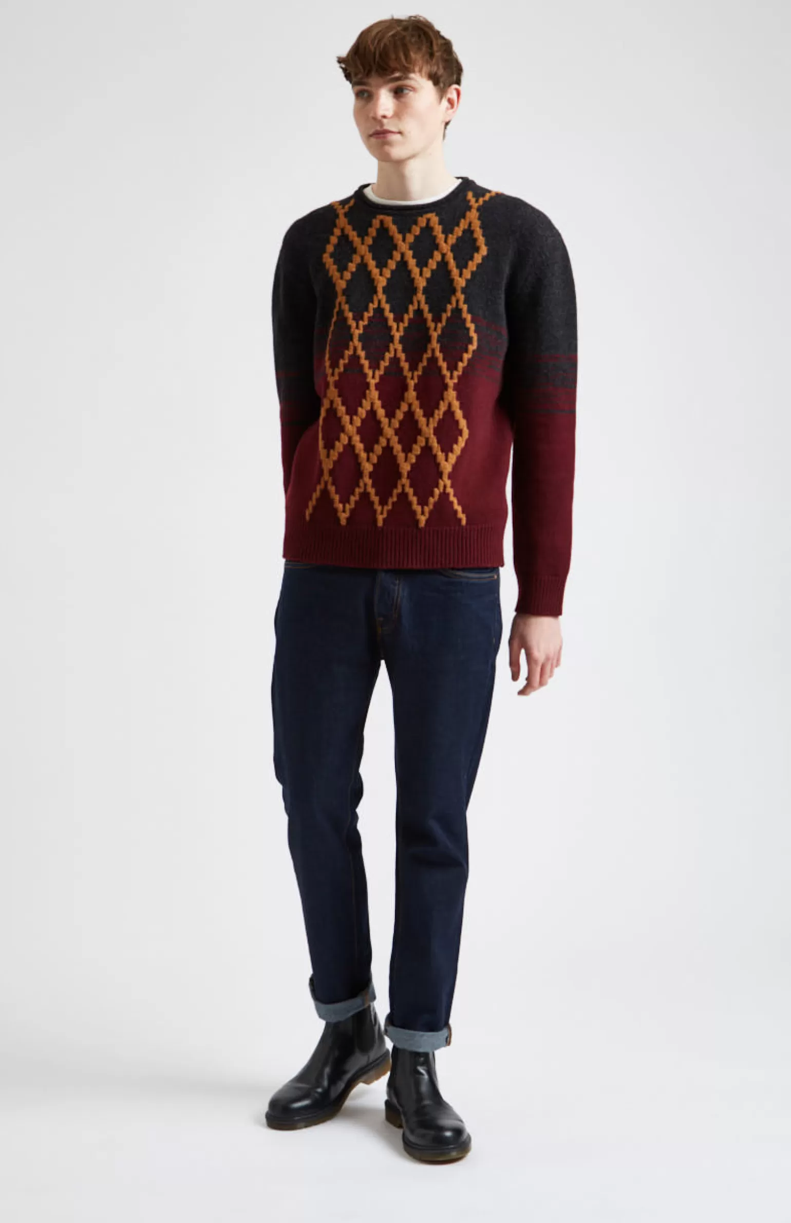 Pringle of Scotland Lambswool Round Neck Jumper With Argyle Pattern And Degrade Effect In Charocal And Dark Claret