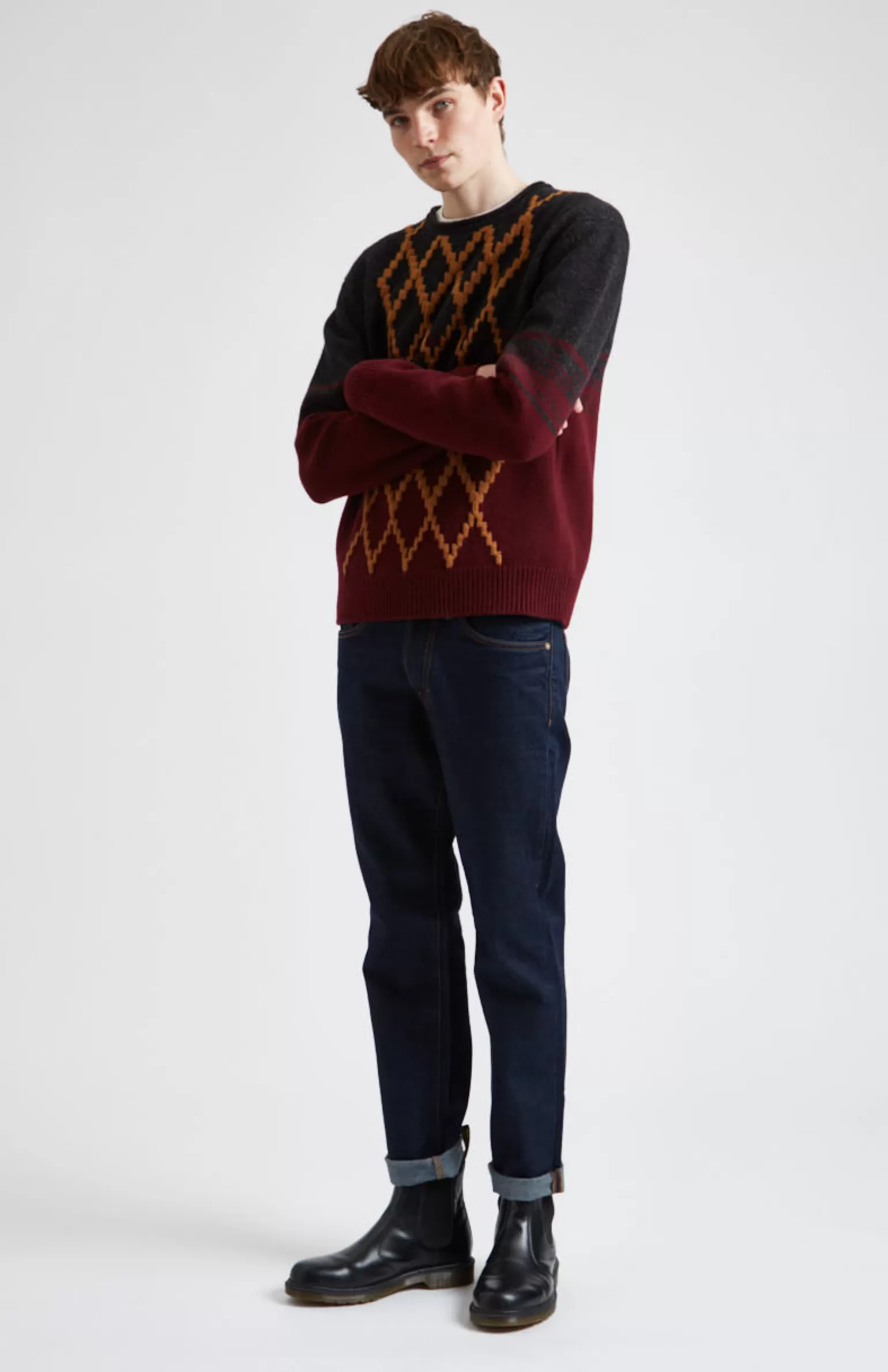 Pringle of Scotland Lambswool Round Neck Jumper With Argyle Pattern And Degrade Effect In Charocal And Dark Claret