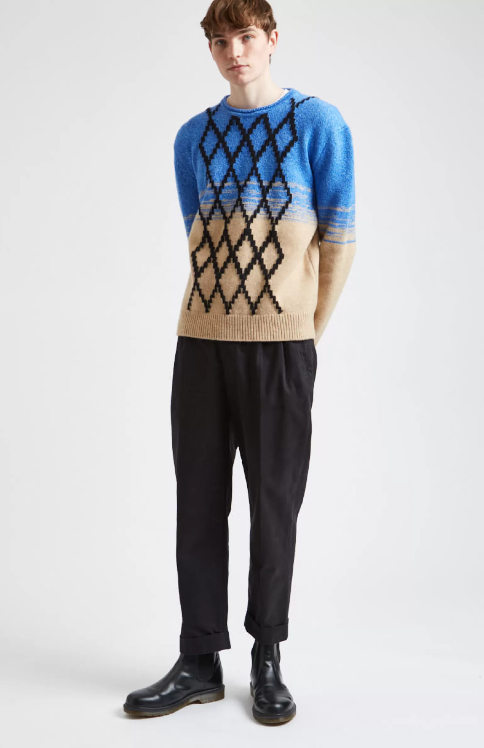 Pringle of Scotland Lambswool Round Neck Jumper With Argyle Pattern And Degrade Effect In Cobalt And Camel