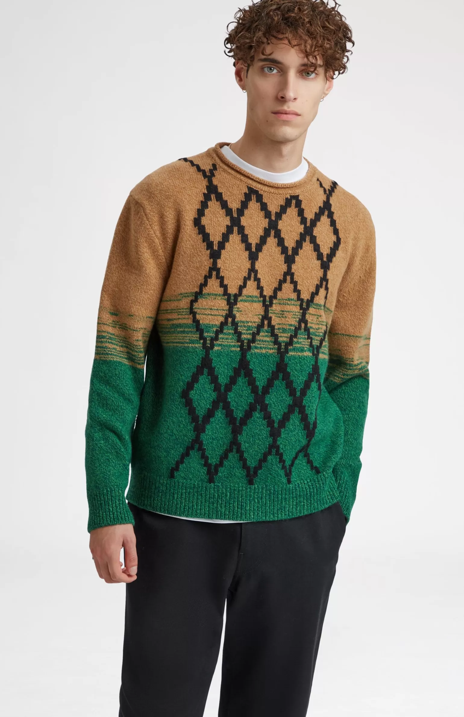 Pringle of Scotland Lambswool Round Neck Jumper With Argyle Pattern And Degrade Effect In Vicuna And Evergreen