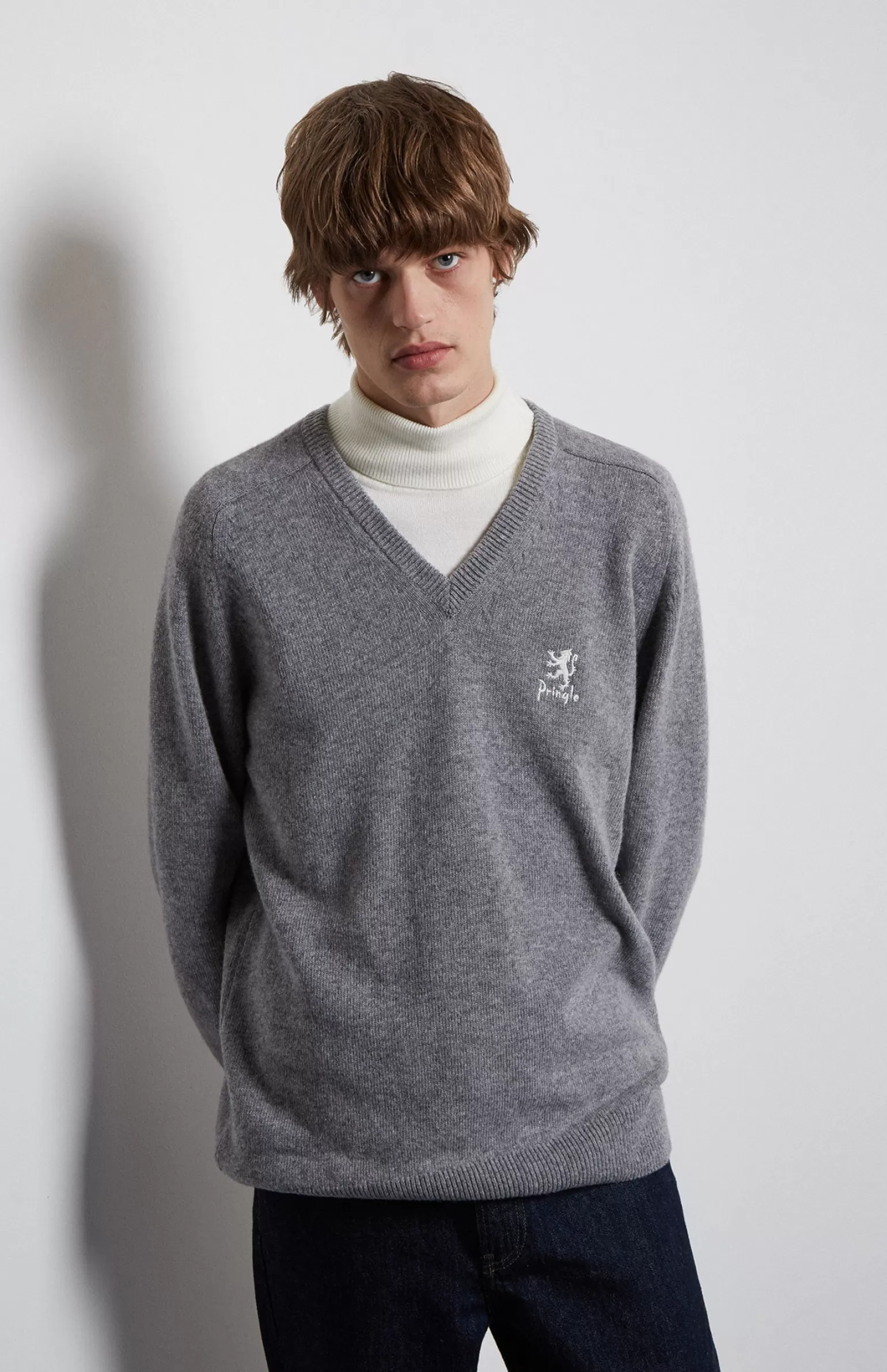 Pringle of Scotland Men's Archive V Neck Lambswool Blend Jumper In Grey Marl
