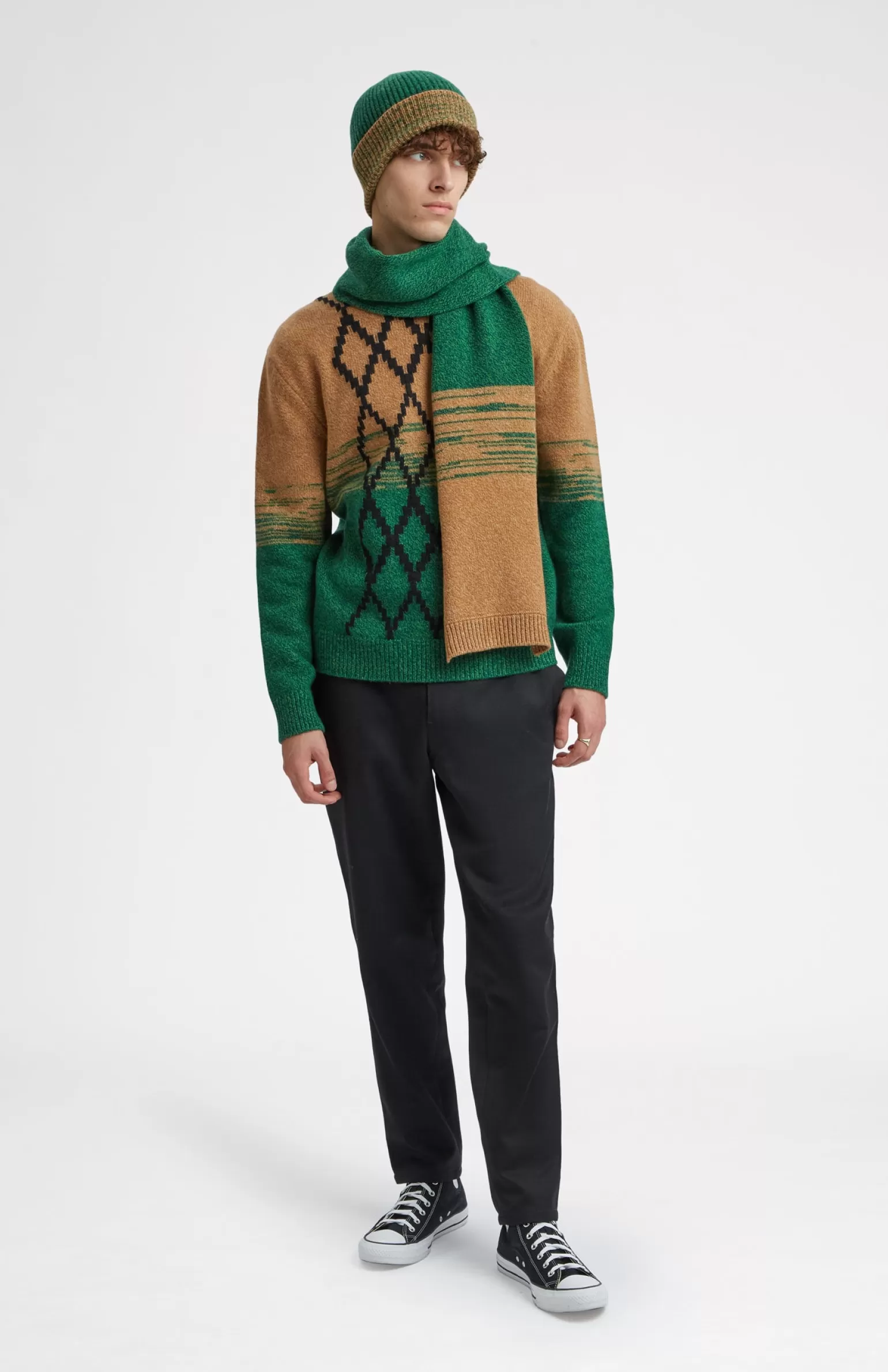 Pringle of Scotland Men's Lambswool Scarf With A Mouline Degrade Effect In Vicuna and Evergreen