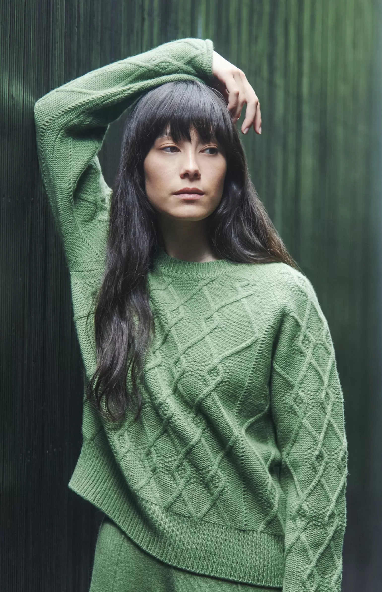 Women Pringle of Scotland Round Neck Multi Textured Cashmere Blend Jumper In Wood Sage
