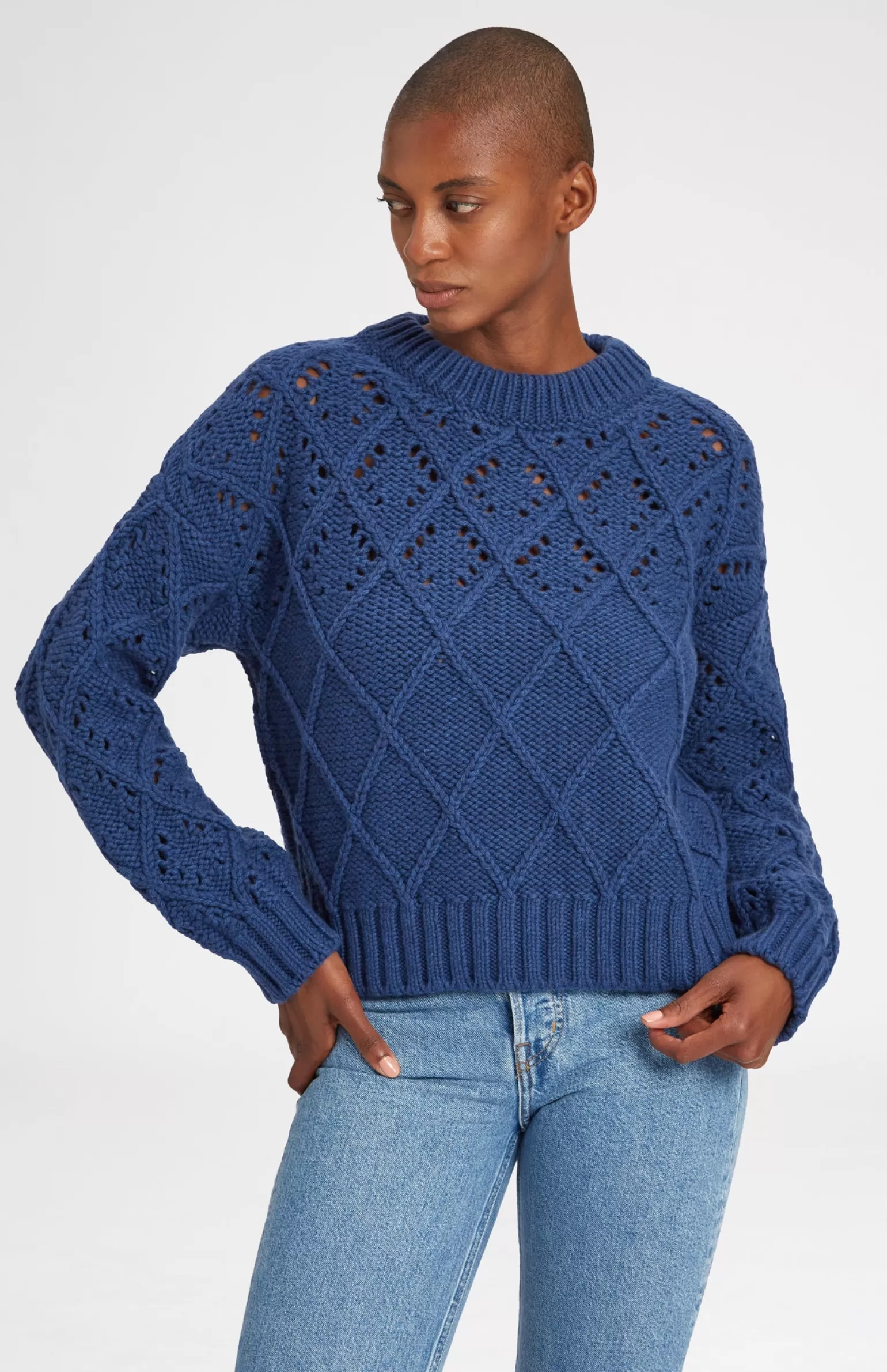 Women Pringle of Scotland Superfine Wool Jumper With Allover Diamond Pattern In Storm Blue