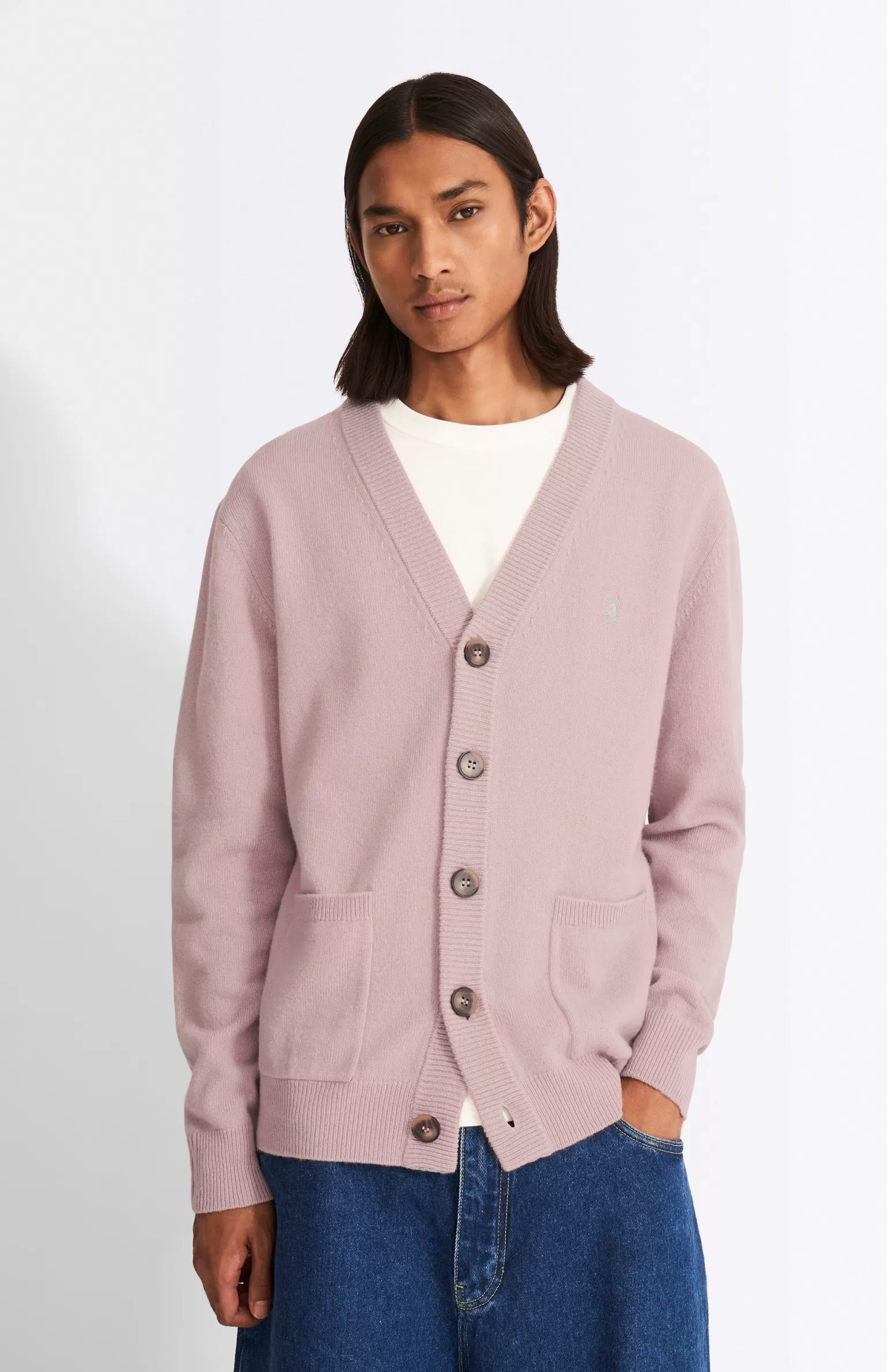 Pringle of Scotland V Neck Lambswool Cardigan In Dusty Pink