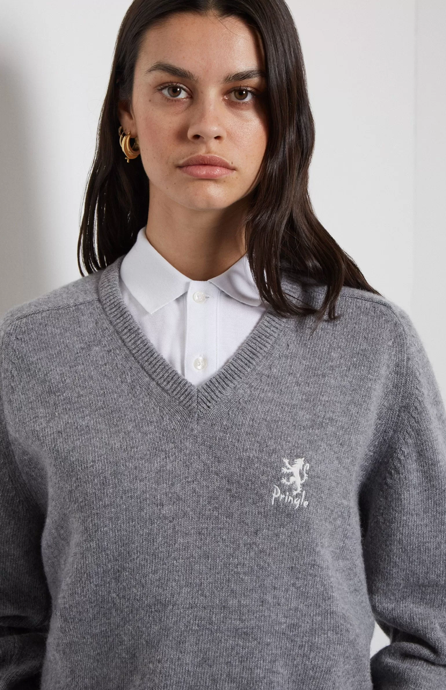 Women Pringle of Scotland Women's Archive V Neck Lambswool Blend Jumper In Grey Marl