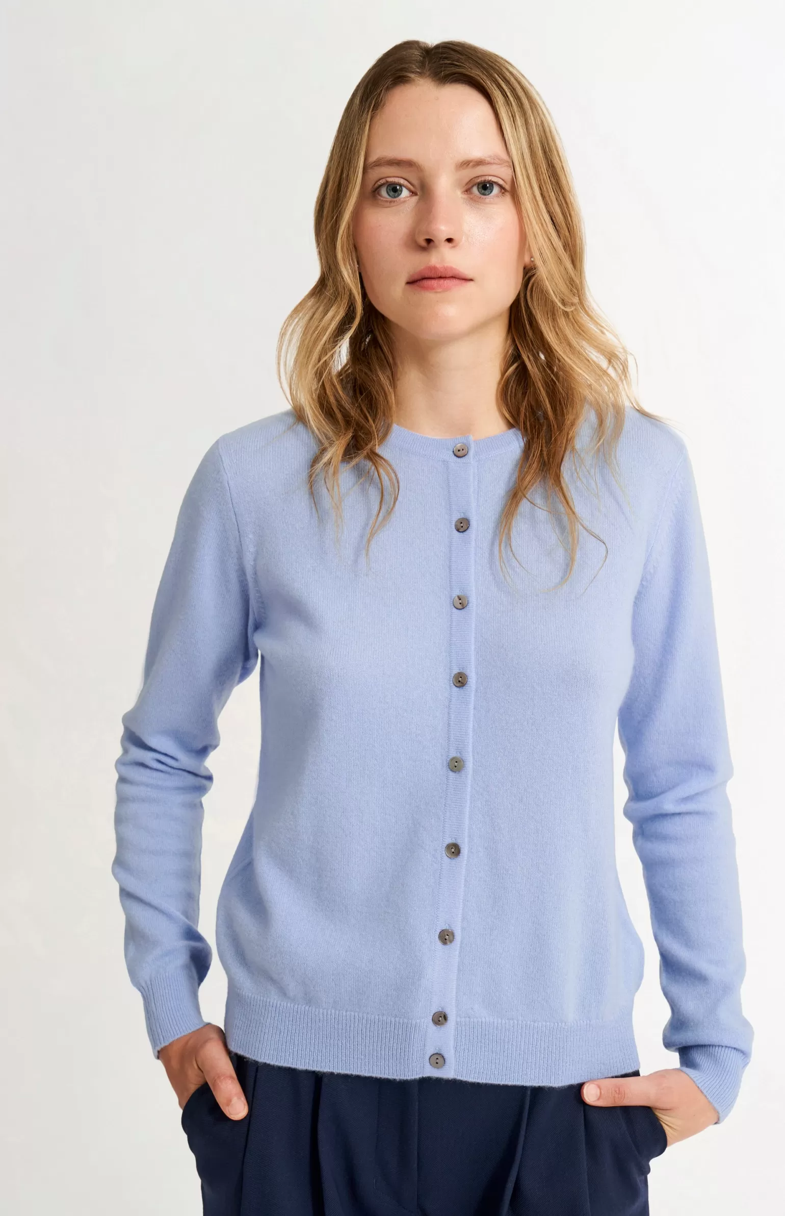 Women Pringle of Scotland Womens Classic Round Neck Cashmere Cardigan In Sky Blue