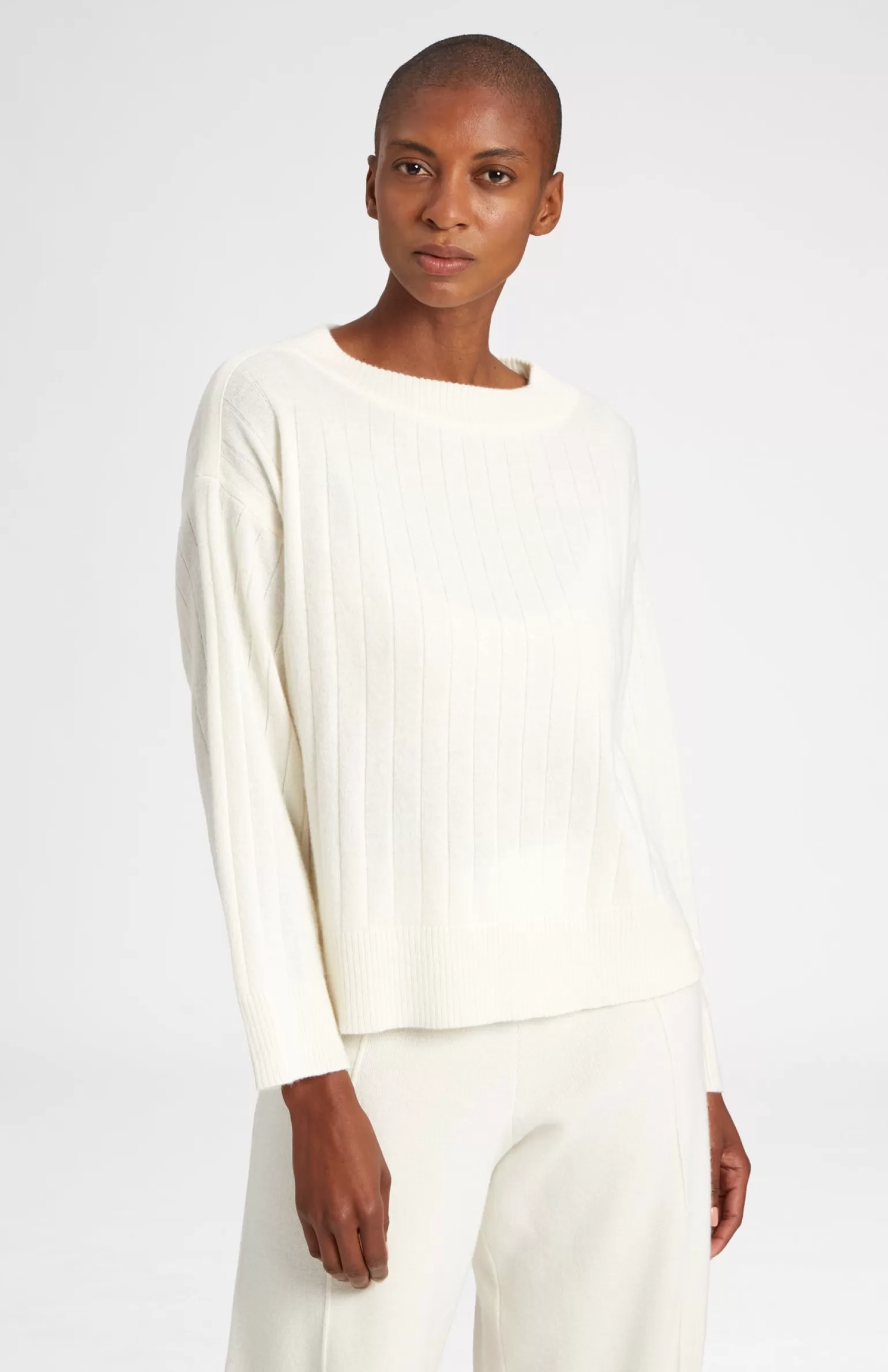 Women Pringle of Scotland Wool Cashmere Blend Wide Neck Rib Jumper In Cream