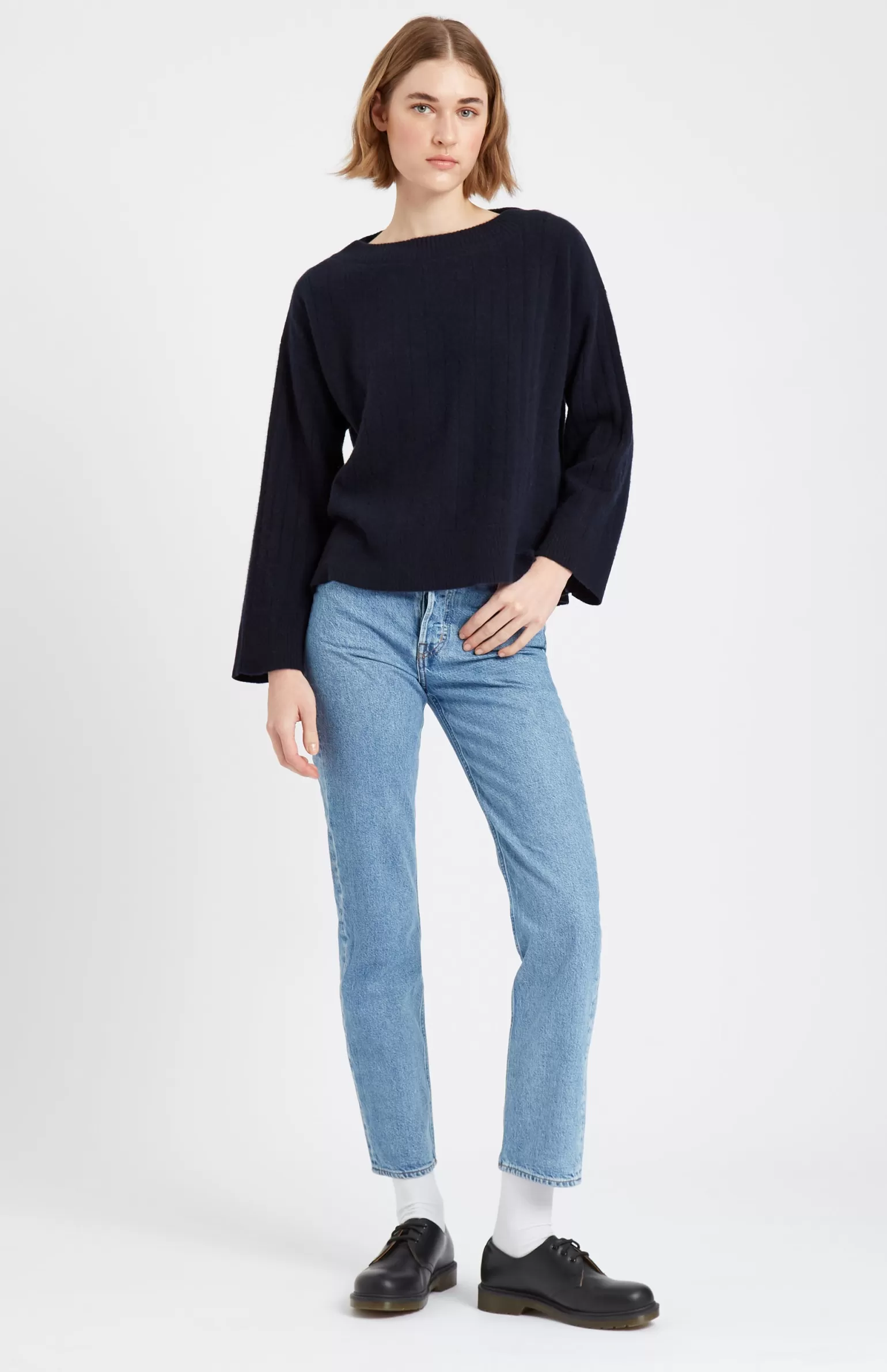 Women Pringle of Scotland Wool Cashmere Blend Wide Neck Rib Jumper In Indigo