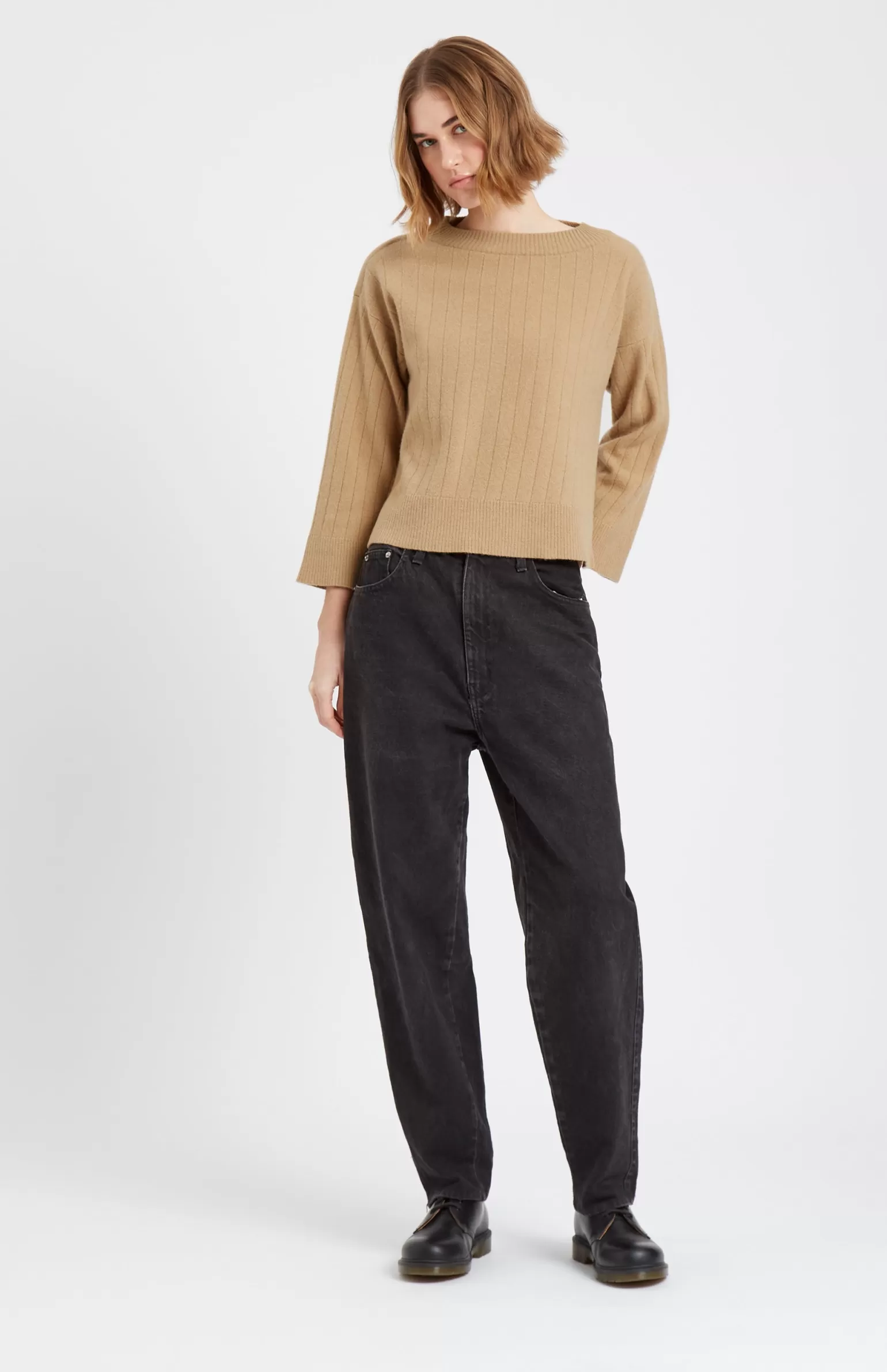 Women Pringle of Scotland Wool Cashmere Blend Wide Neck Rib Jumper In Sand