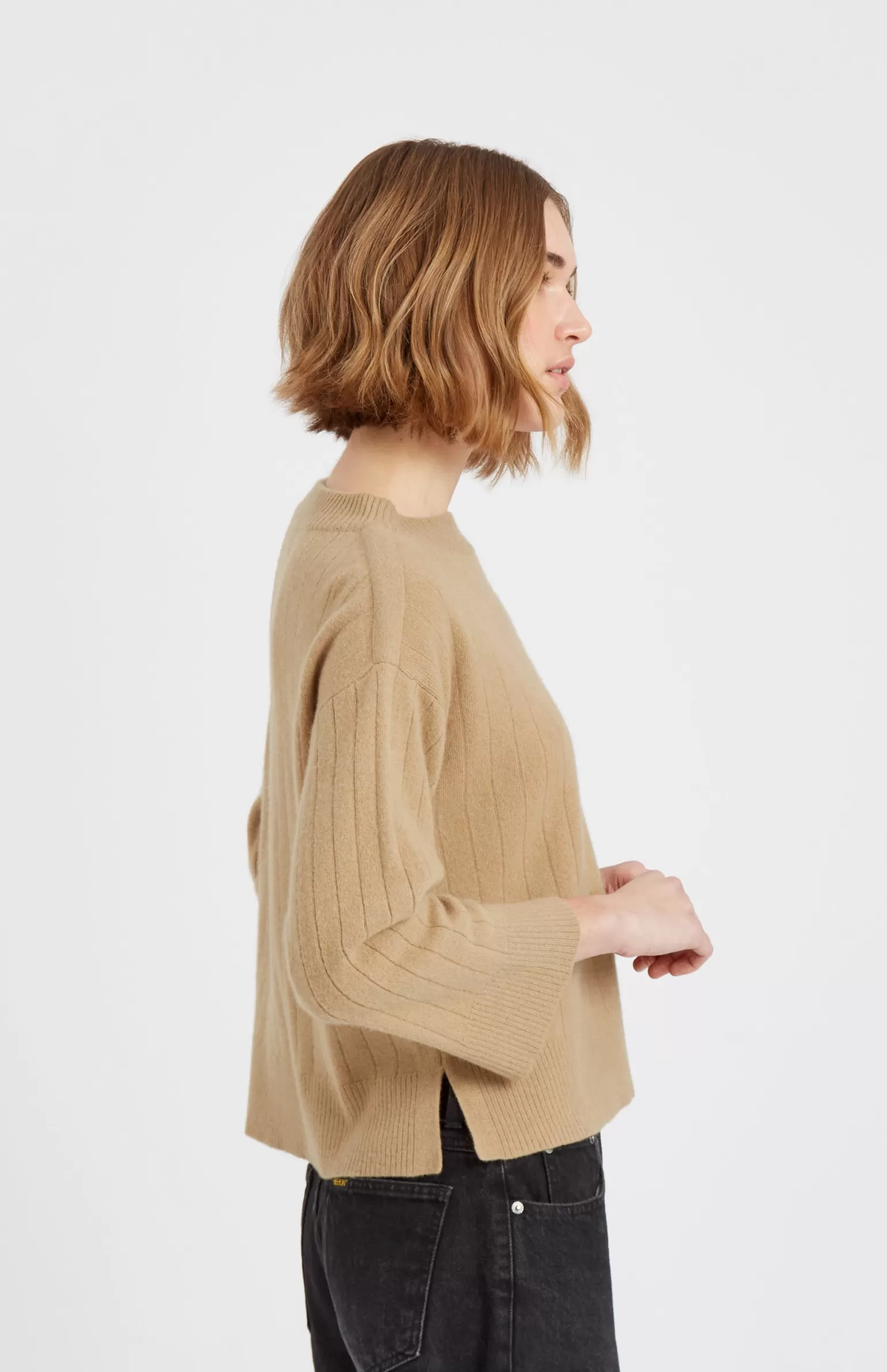 Women Pringle of Scotland Wool Cashmere Blend Wide Neck Rib Jumper In Sand